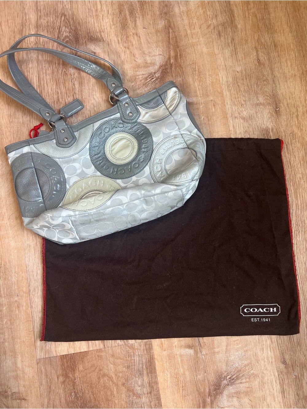 Coach Gray and Cream Signature Circle Tote